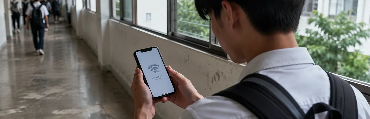 A male student tries to use his phone but has no Wi-Fi