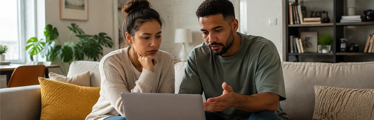 A man and woman using a laptop in their living room