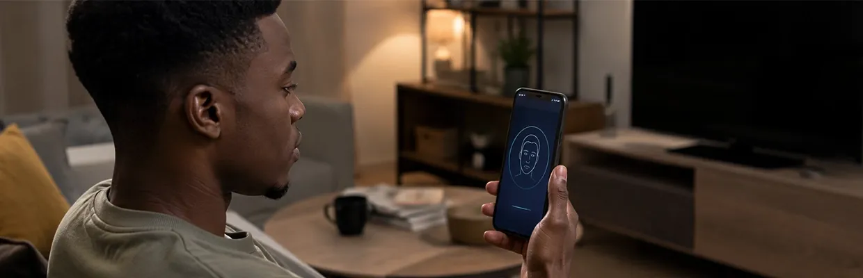 A man looking at his phone collect his biometric data