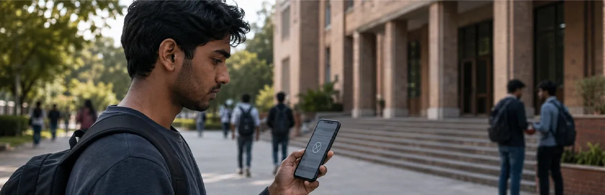 A man trying to use his phone outside sees an error pop-up on the screen