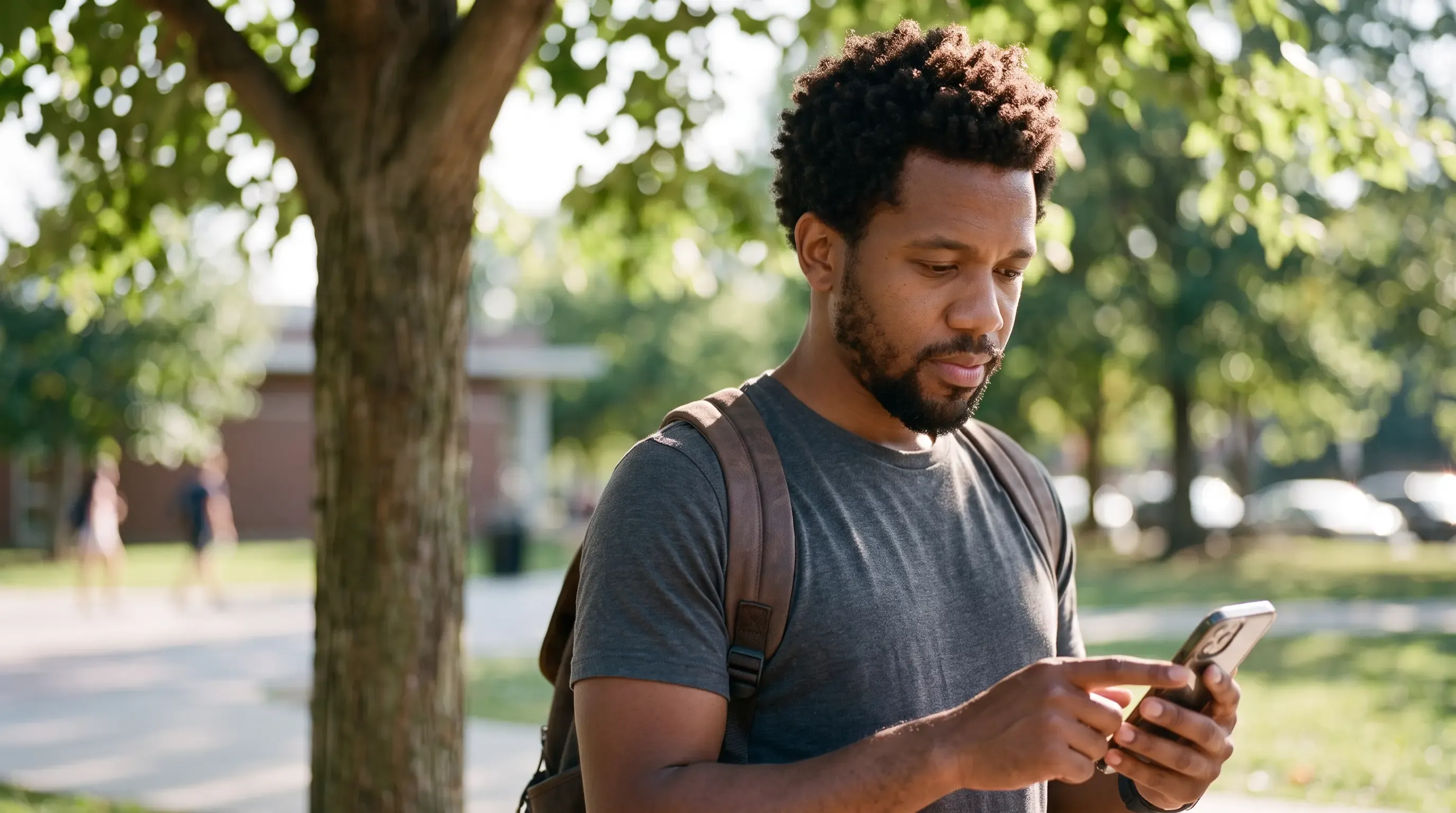 A man checks his phone next to a tree outside