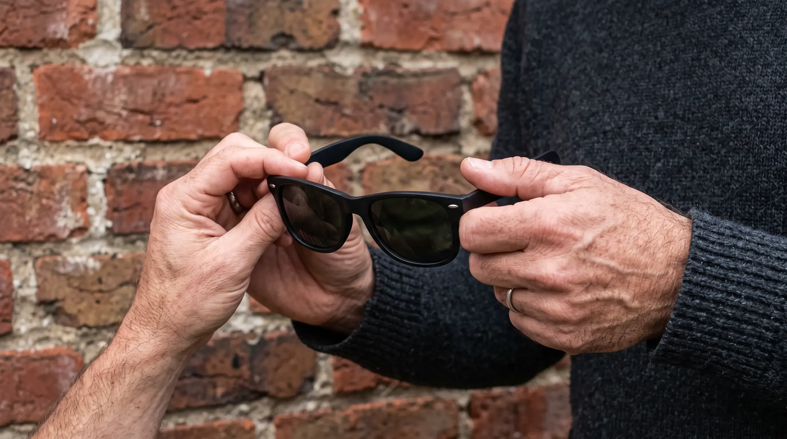 A man's hands holding a pair of black-framed sunglasses