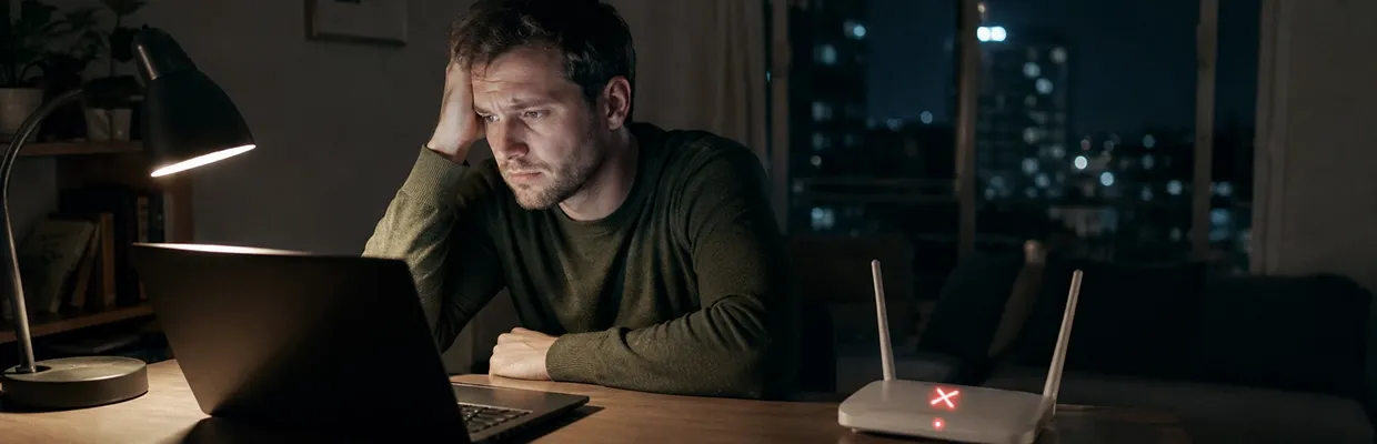A man can't use his laptop because there's no Wi-Fi