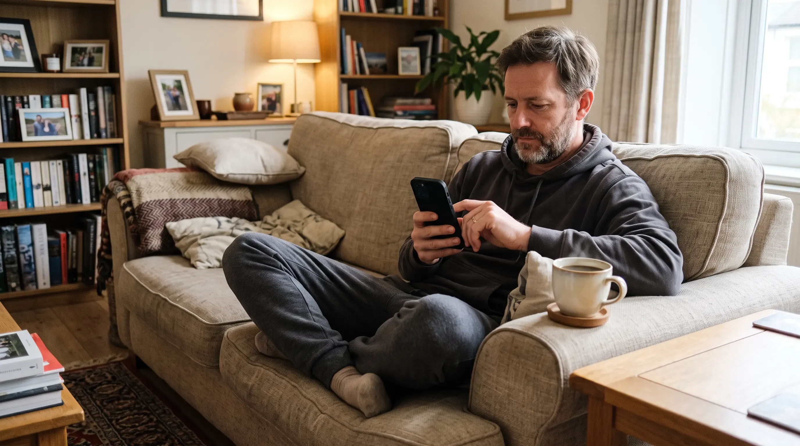 A man in sweats scrolls his phone while sitting in his living room.
