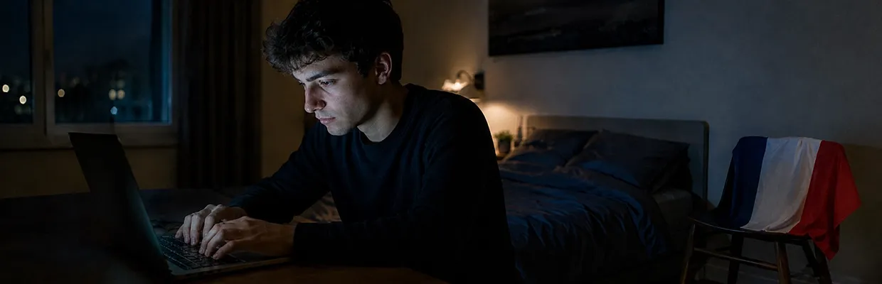 A man uses his laptop in a dark bedroom