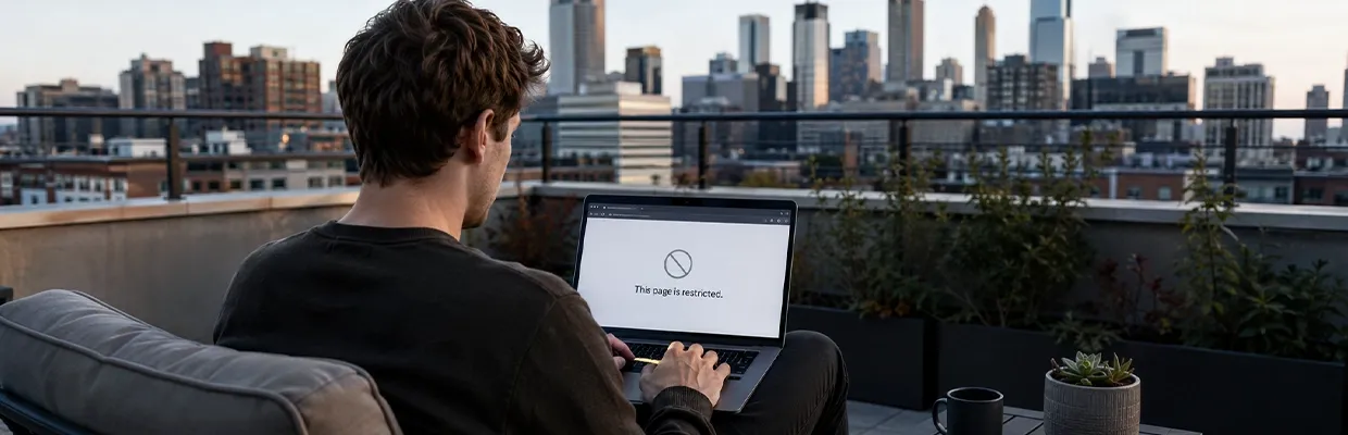 A man looking at his laptop with the words "This page is restricted" written over it