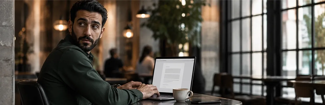 A man uses a laptop, looking scared