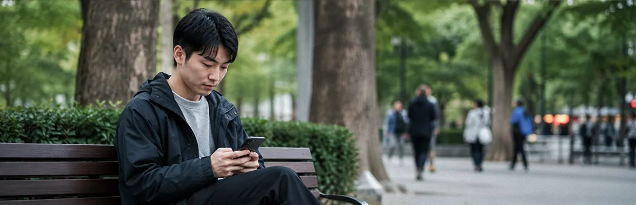 A man uses his phone while sitting on a park bench