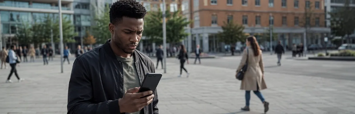 A Black man using his phone in a busy city suqare