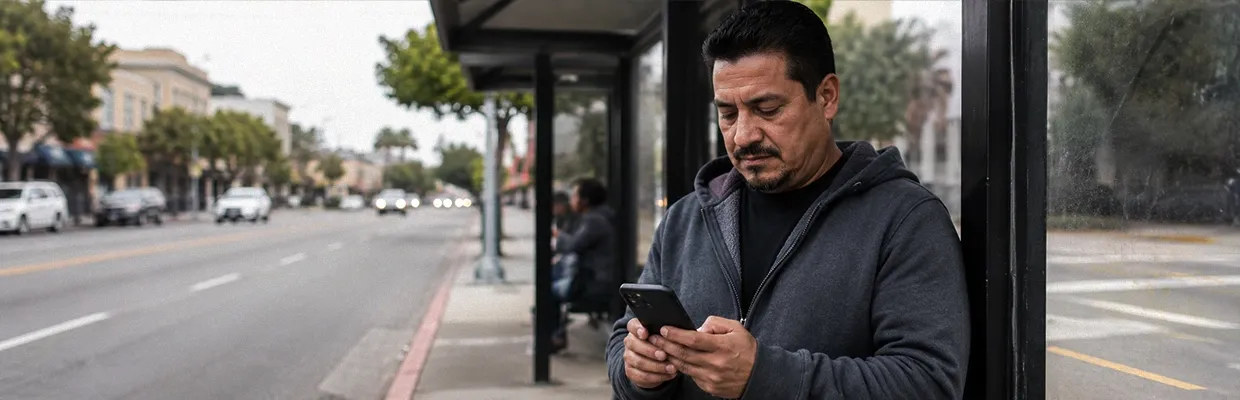 A Latino man uses his phone in a bus stop