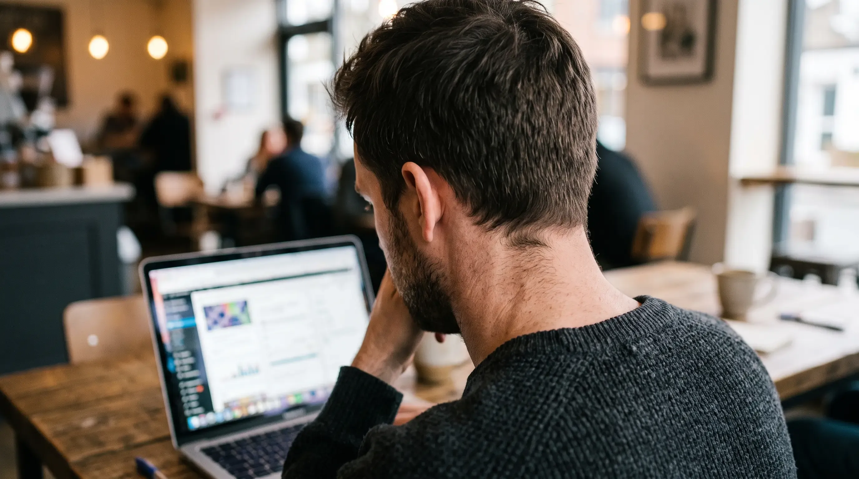 A man uses his laptop at a coffee shop