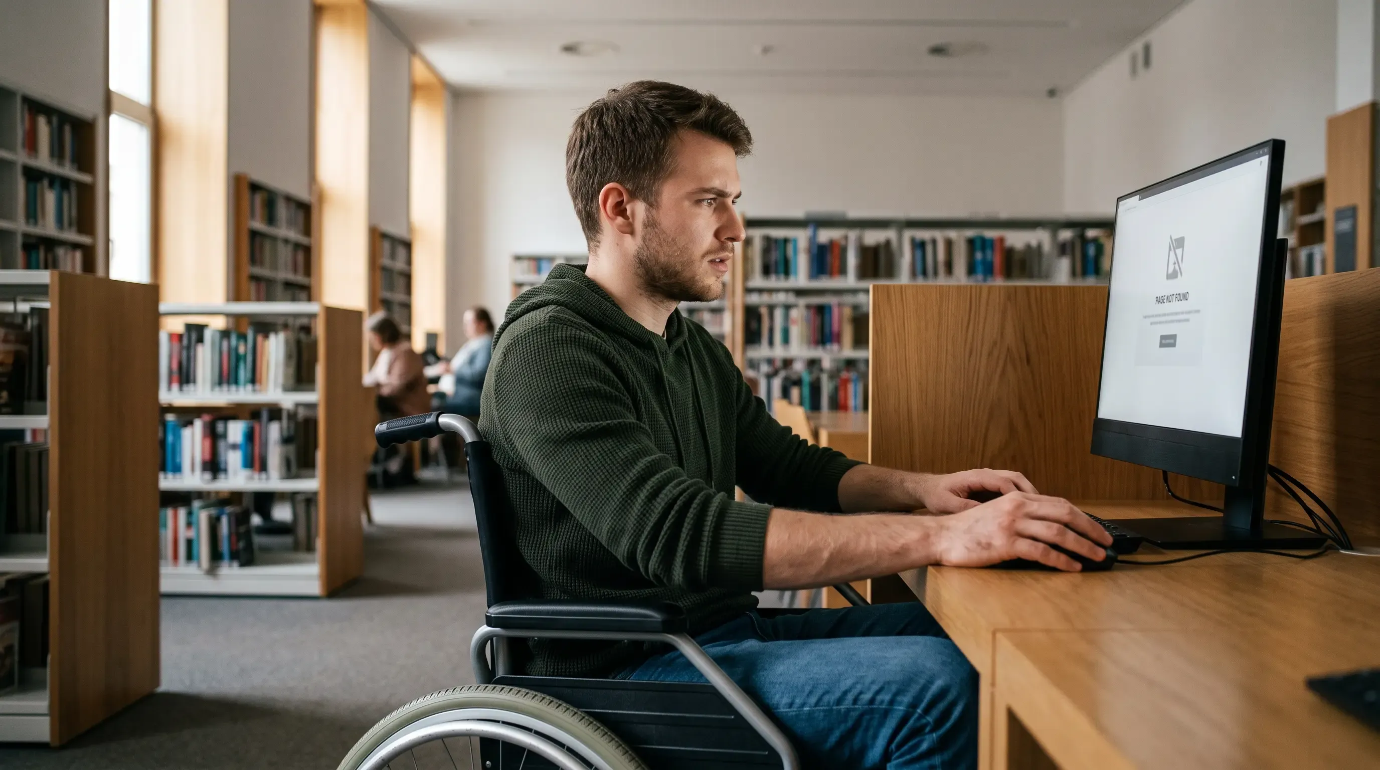 A man in a wheelchair using a laptop in a library.