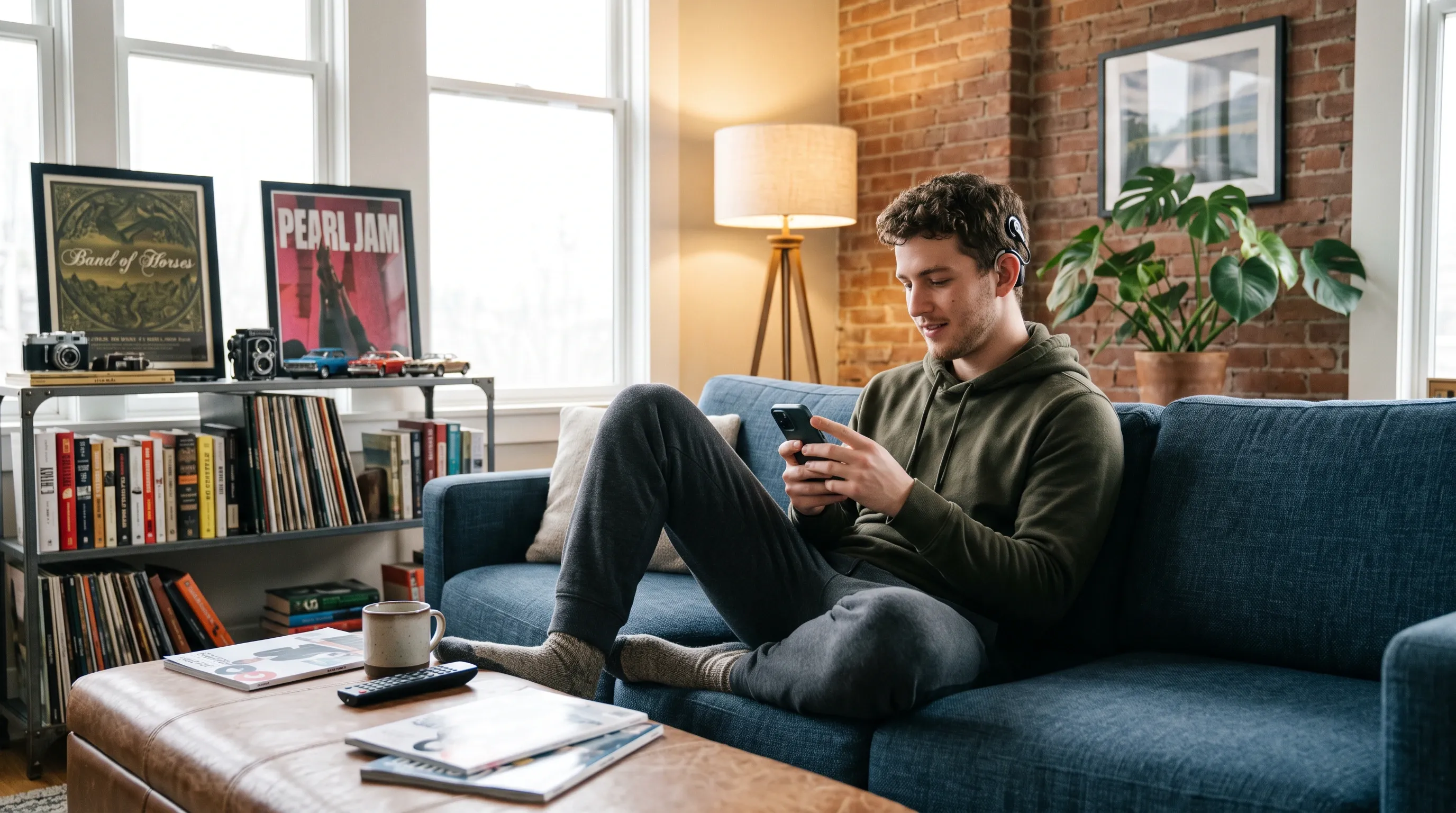 A man with a hearing aid browses his phone at home