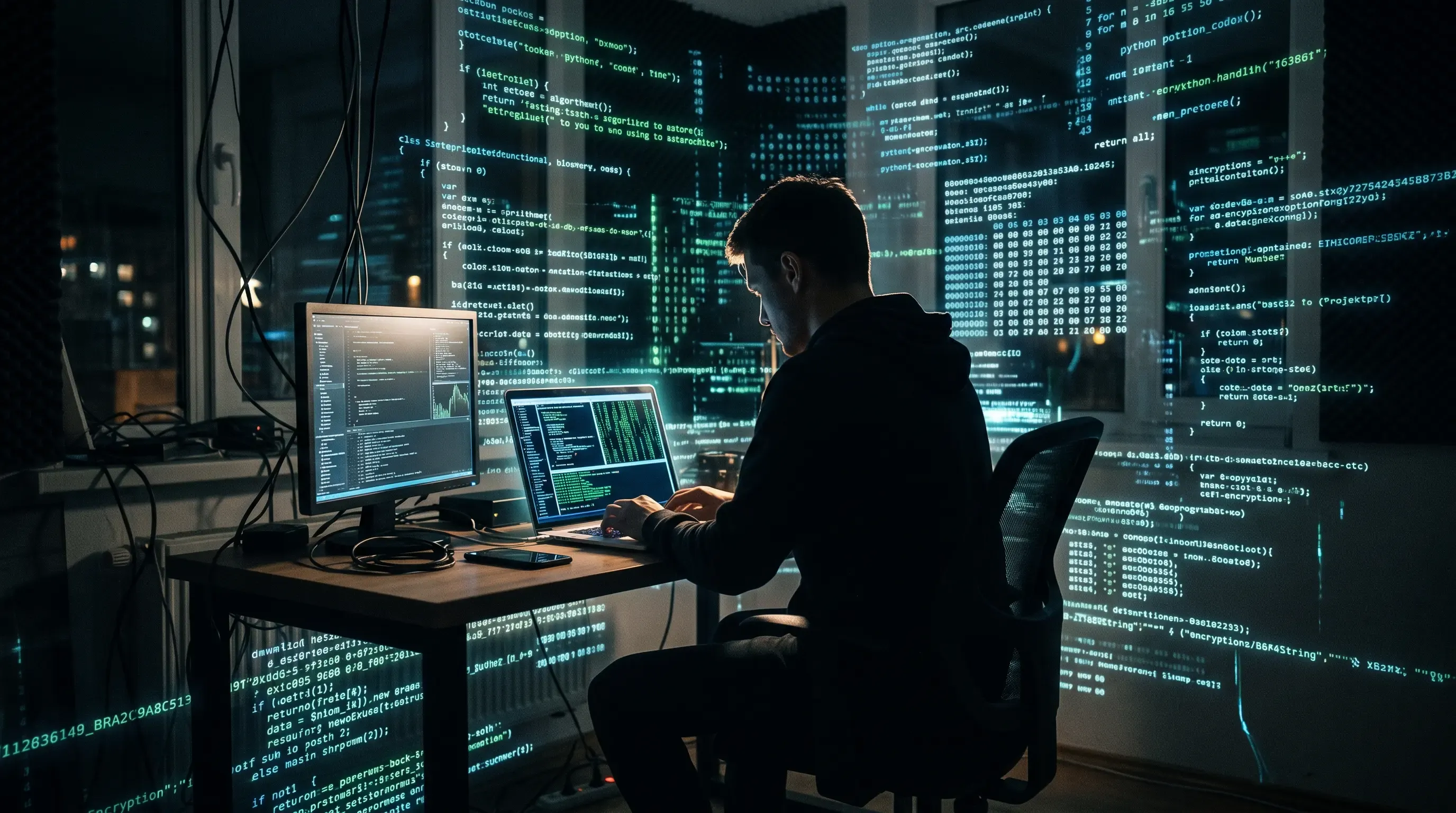 A man working on his laptop in a room surrounded by code