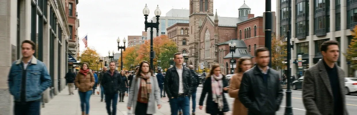 People walking in the streets of a city in Massachusetts