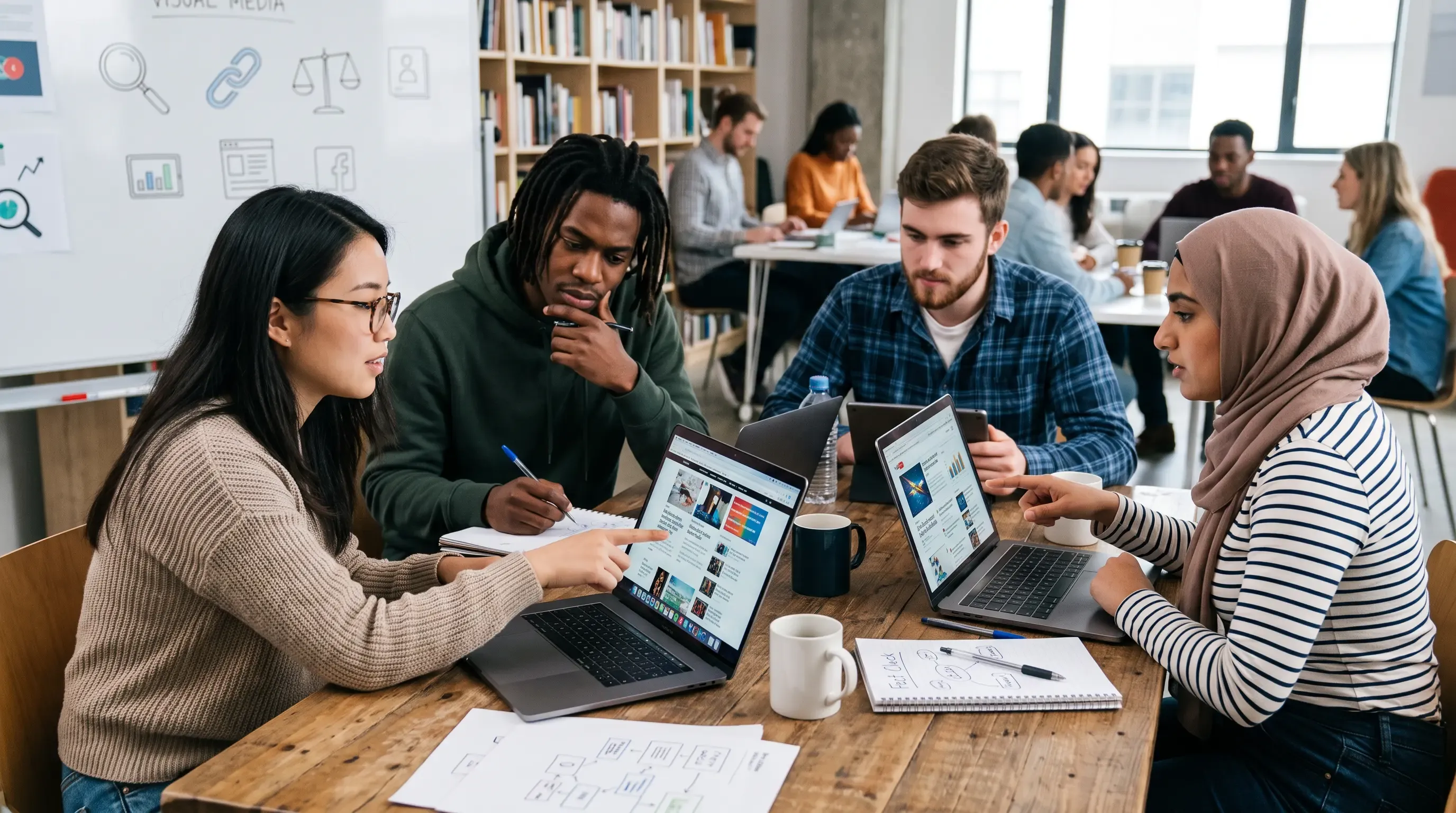 A group of people working on their laptops around the table.