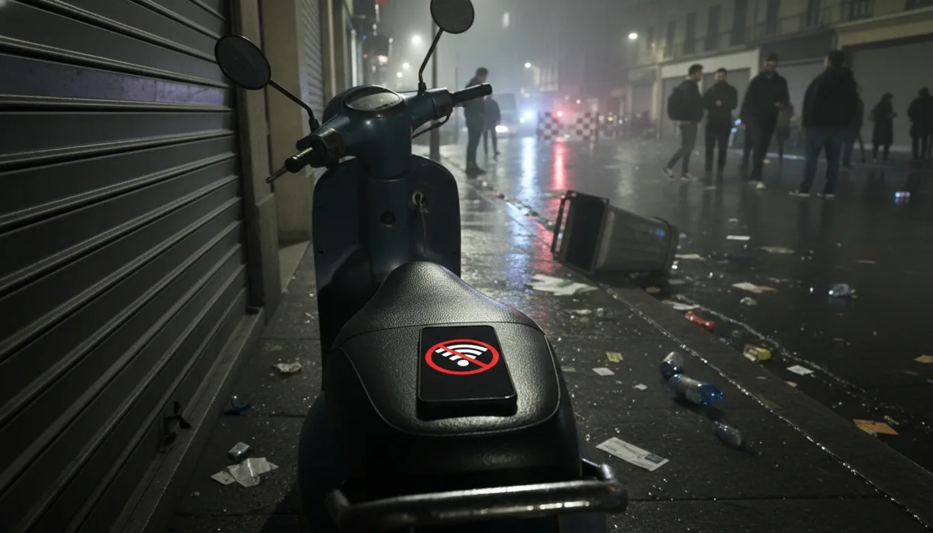 People protesting in the streets of Meghalaya as a phone showing no internet signal is laying on a scooter seat nearby