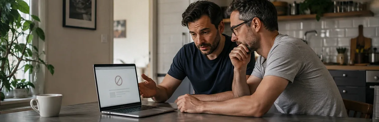 Two men unable to use a laptop at home