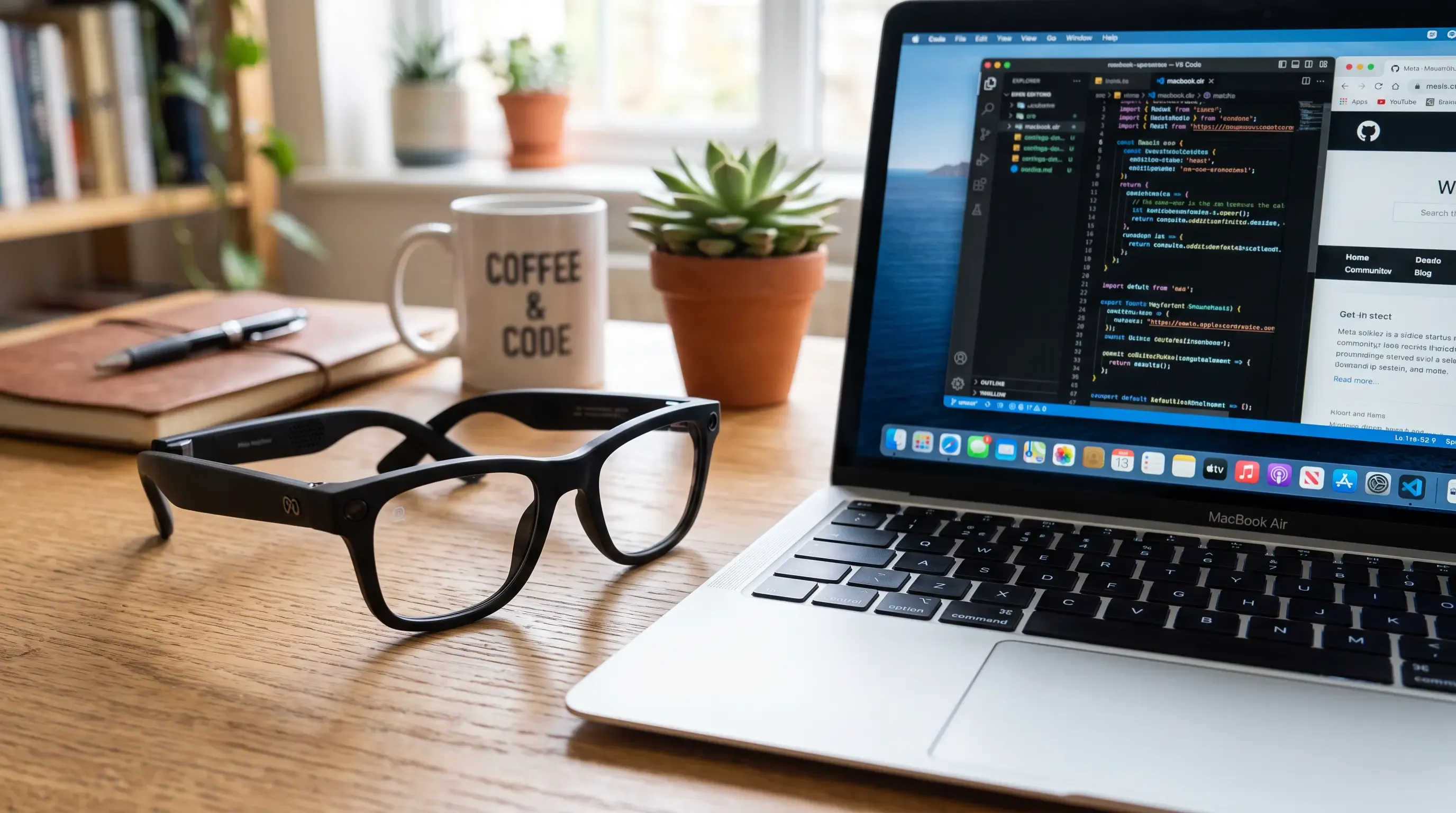 Black frame glasses on a table next to a laptop.