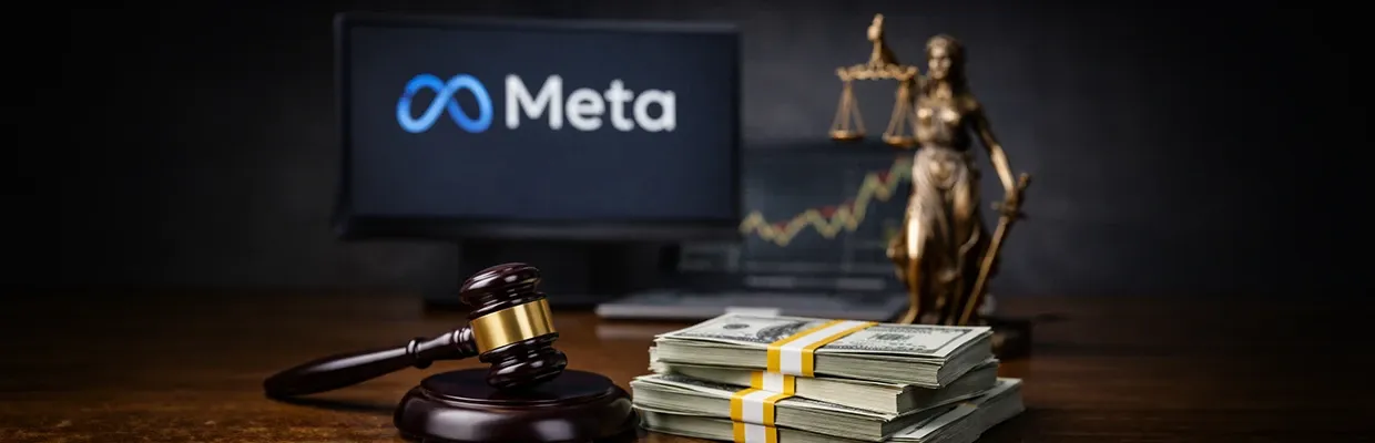 Courtroom table with Meta logo in the background and money next to it, indicating Meta being found guilty for lying about child safety