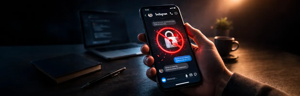 Person holding a smartphone with Instagram turned on and an icon showing the the end-to-end encryption has been removed