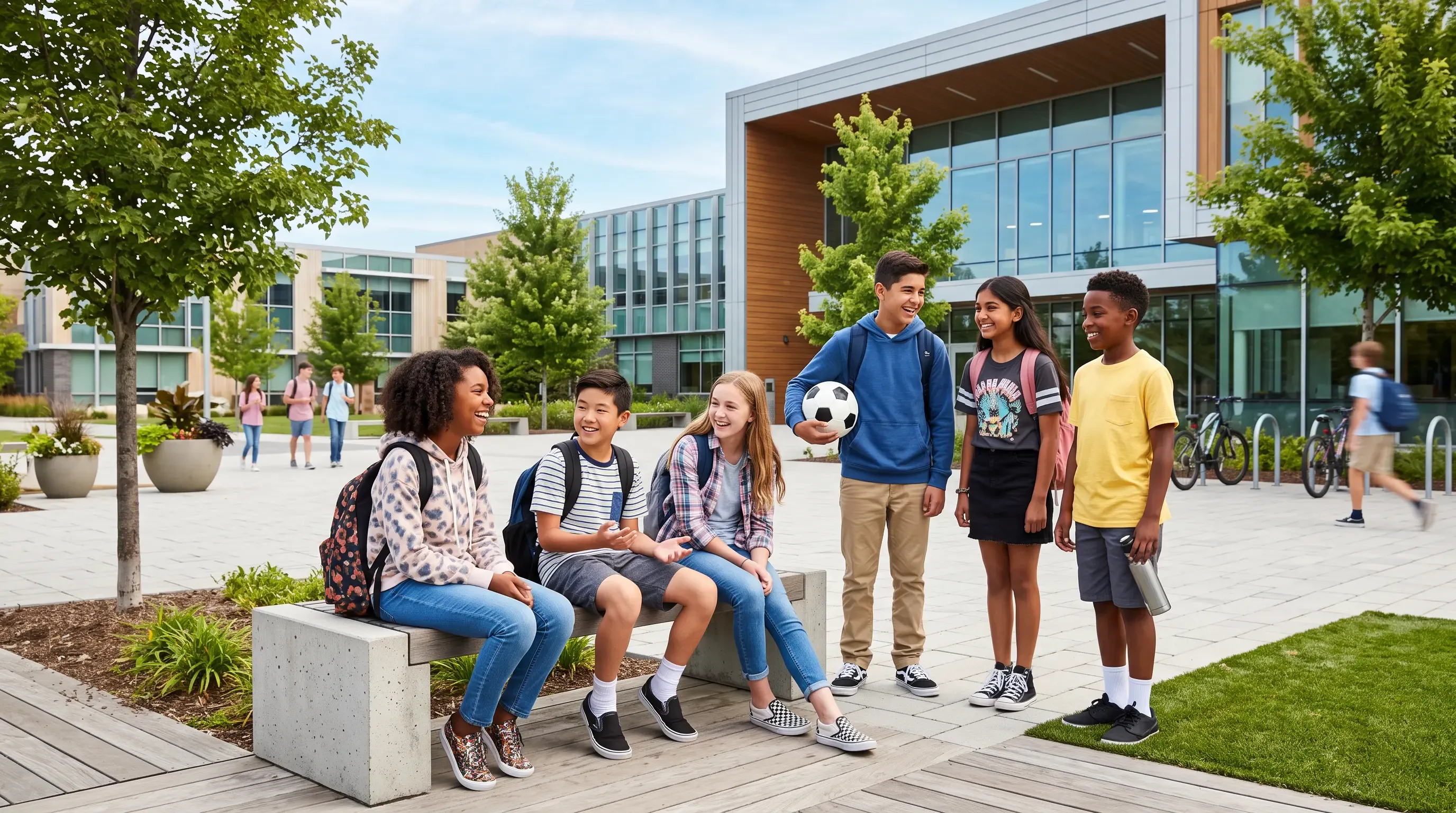 A group of middle school students spending time in their school yard