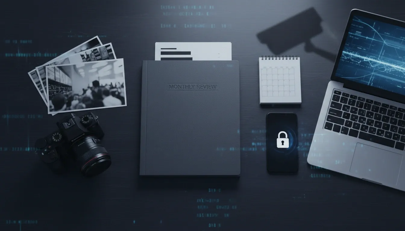 An editorial desk with a notebook, laptop, smartphone, camera, pictures, and a shadows of a CCTV on it