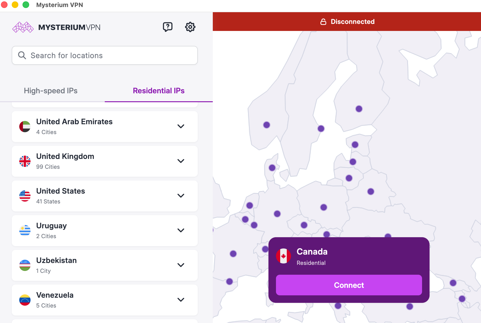 A screenshot of the Mysterium VPN app while disconnected