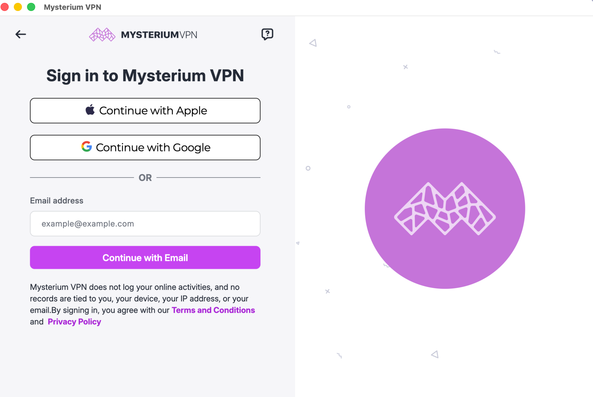 A screenshot of the Mysterium VPN app's log in screen