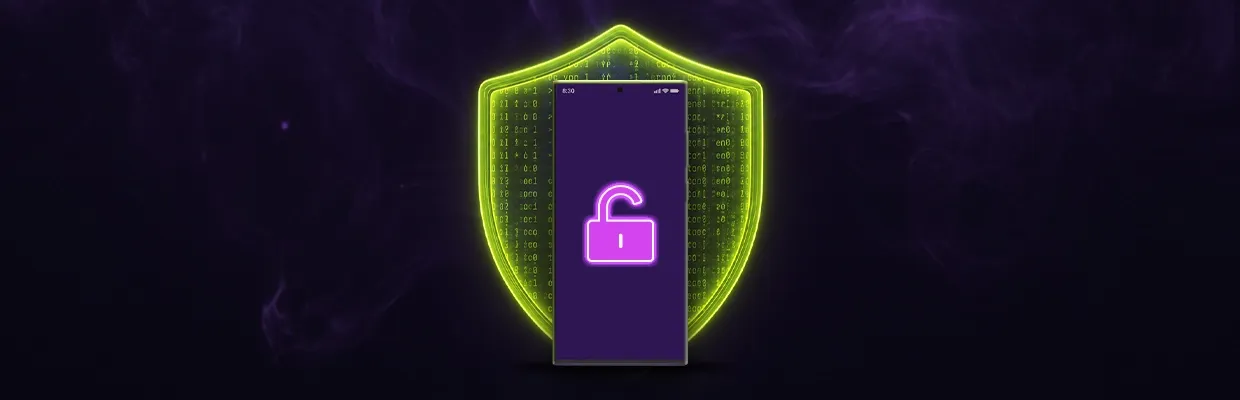 An animated smartphone in front of an animated shield