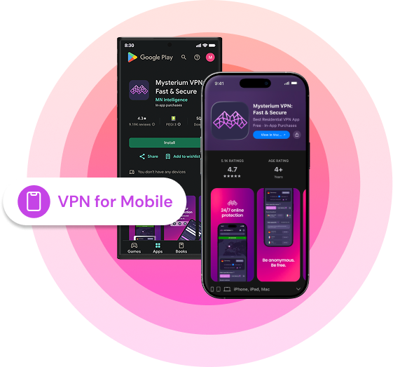 An image of an Android and iPhone phones with Mysterium VPN download pages on them