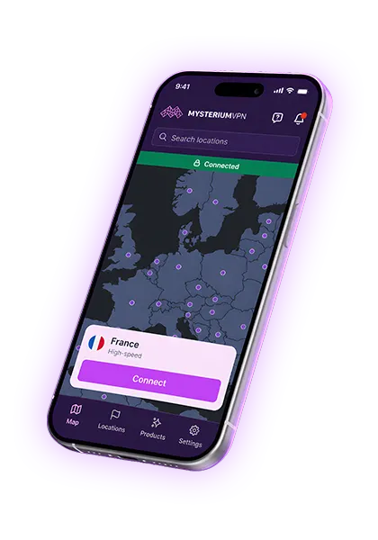An iPhone with the Mysterium VPN app launched on its screen.