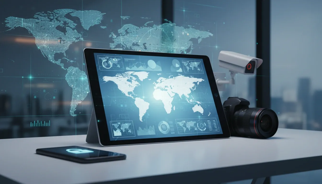 A tablet is standing on the desk, showing the world map, while a smartphone, a camera, and a CCTV are next to it