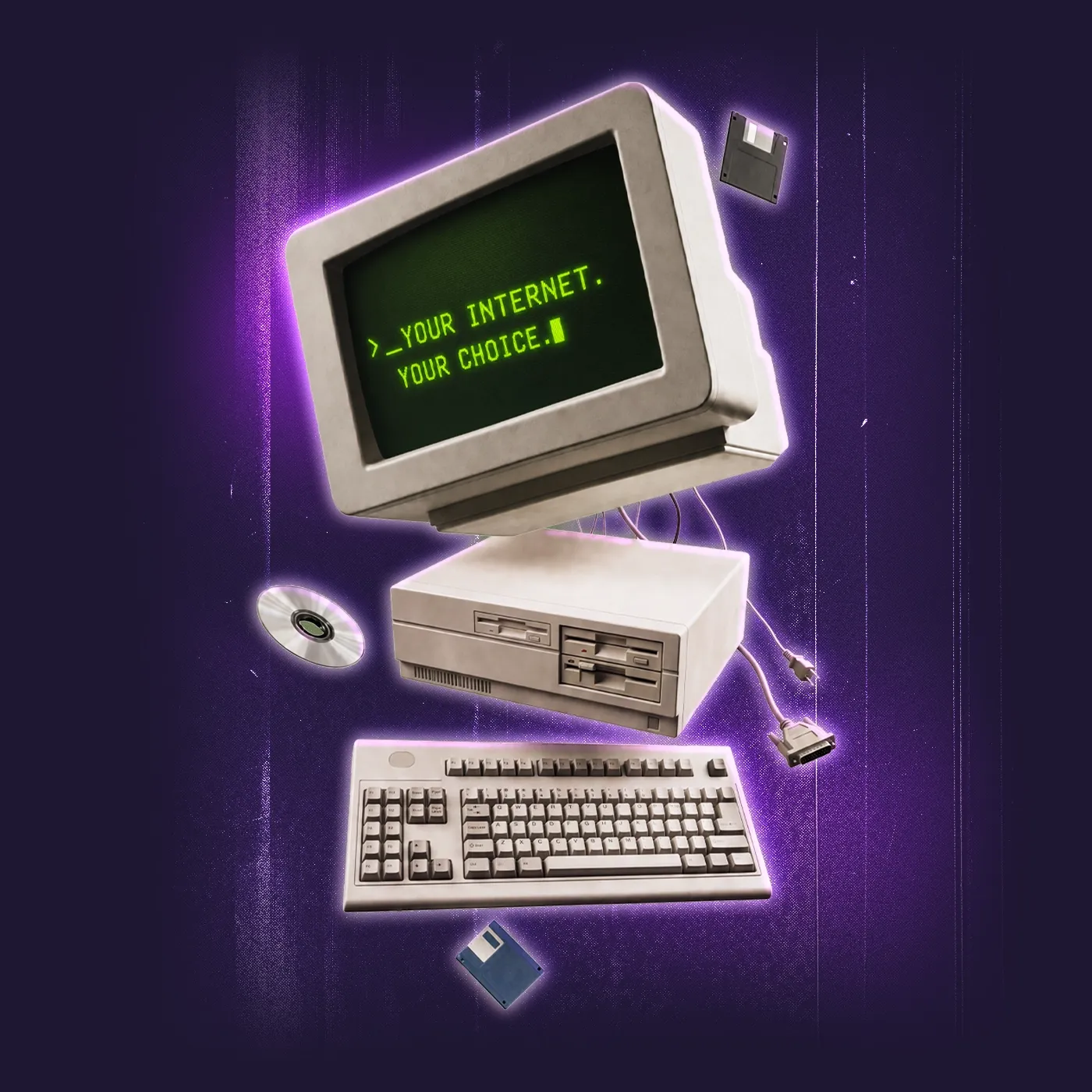 An image of a vintage laptop floating in the air