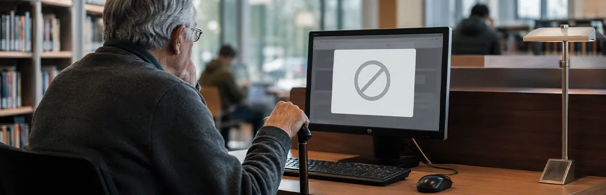 An old man can't use computer because there's no Wi-Fi.