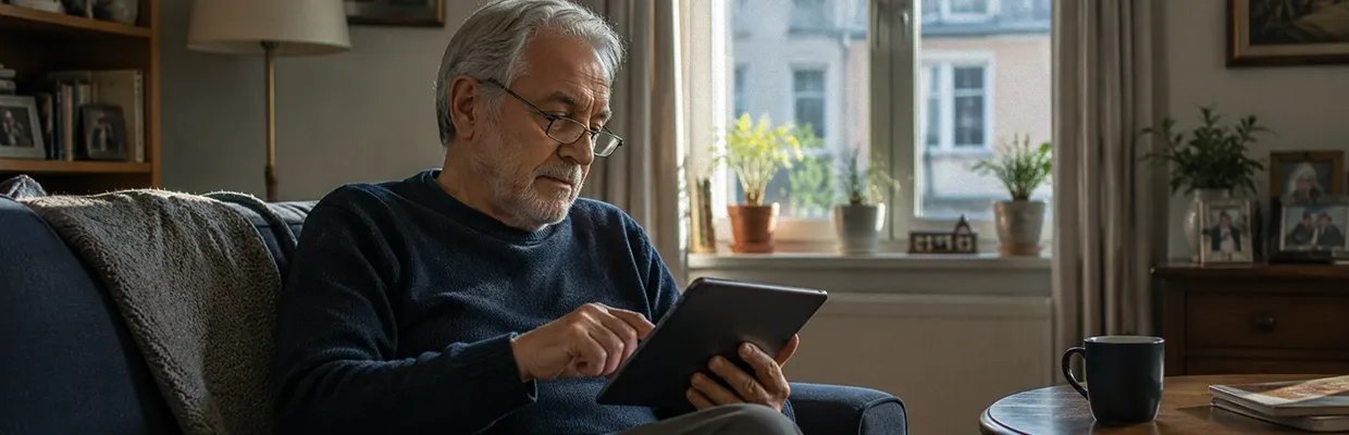 A grey-haired man using his tablet on a sofa