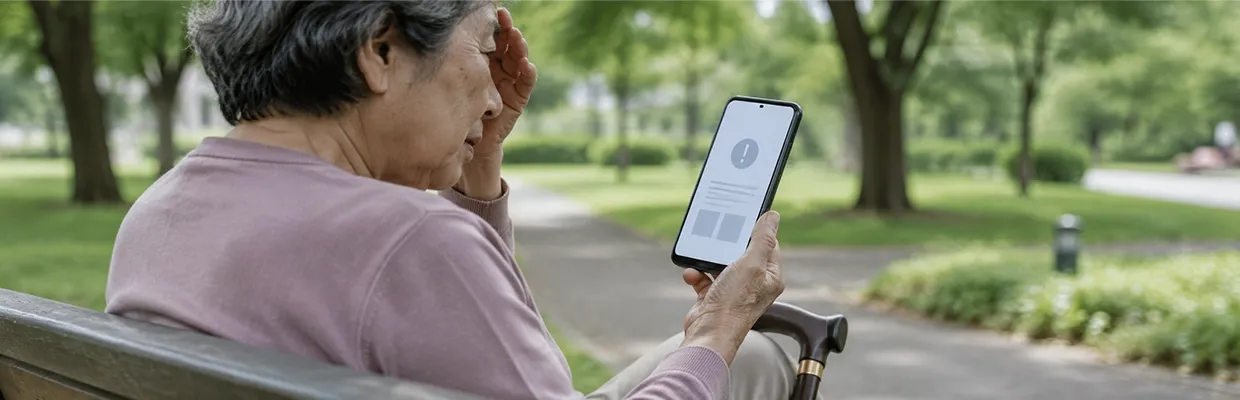 An old woman cannot use her phone at the park