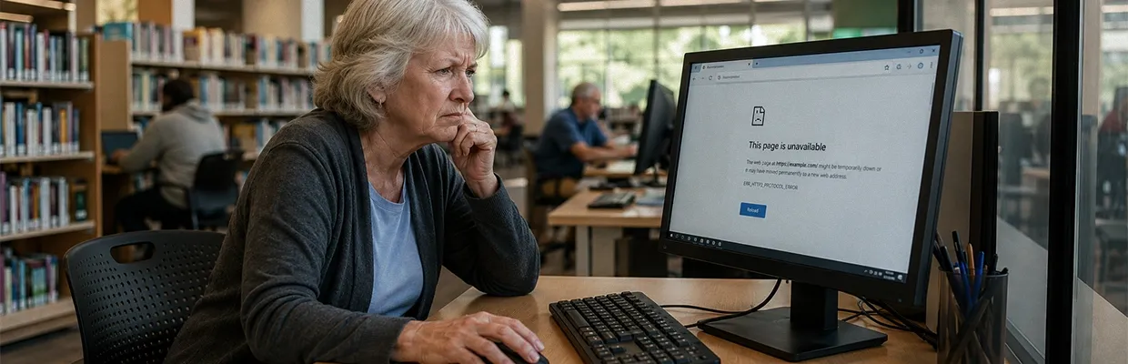 An old woman using a computer at the library