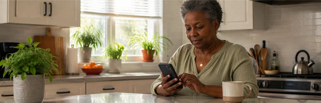 An older woman uses her phone at her kitchen table