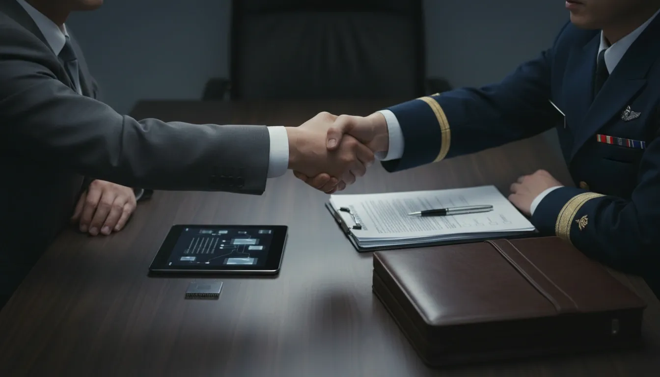 A rushed AI company and military deal being sealed by a handshake between the representatives
