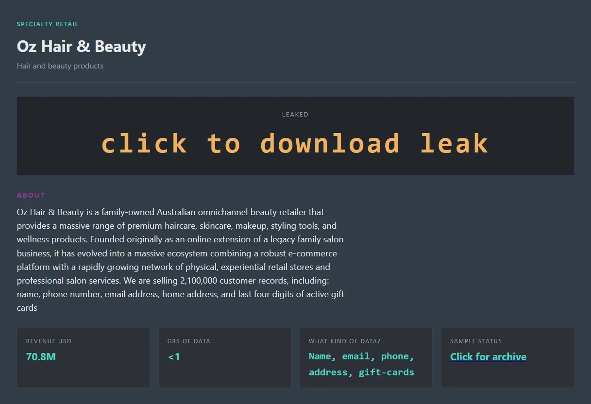 An image of a database where Oz Beauty & Hair client data was leaked