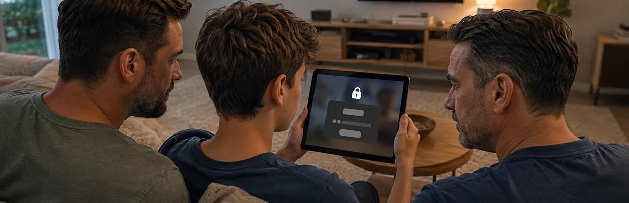 Two fathers and their son looking at a restricted tablet