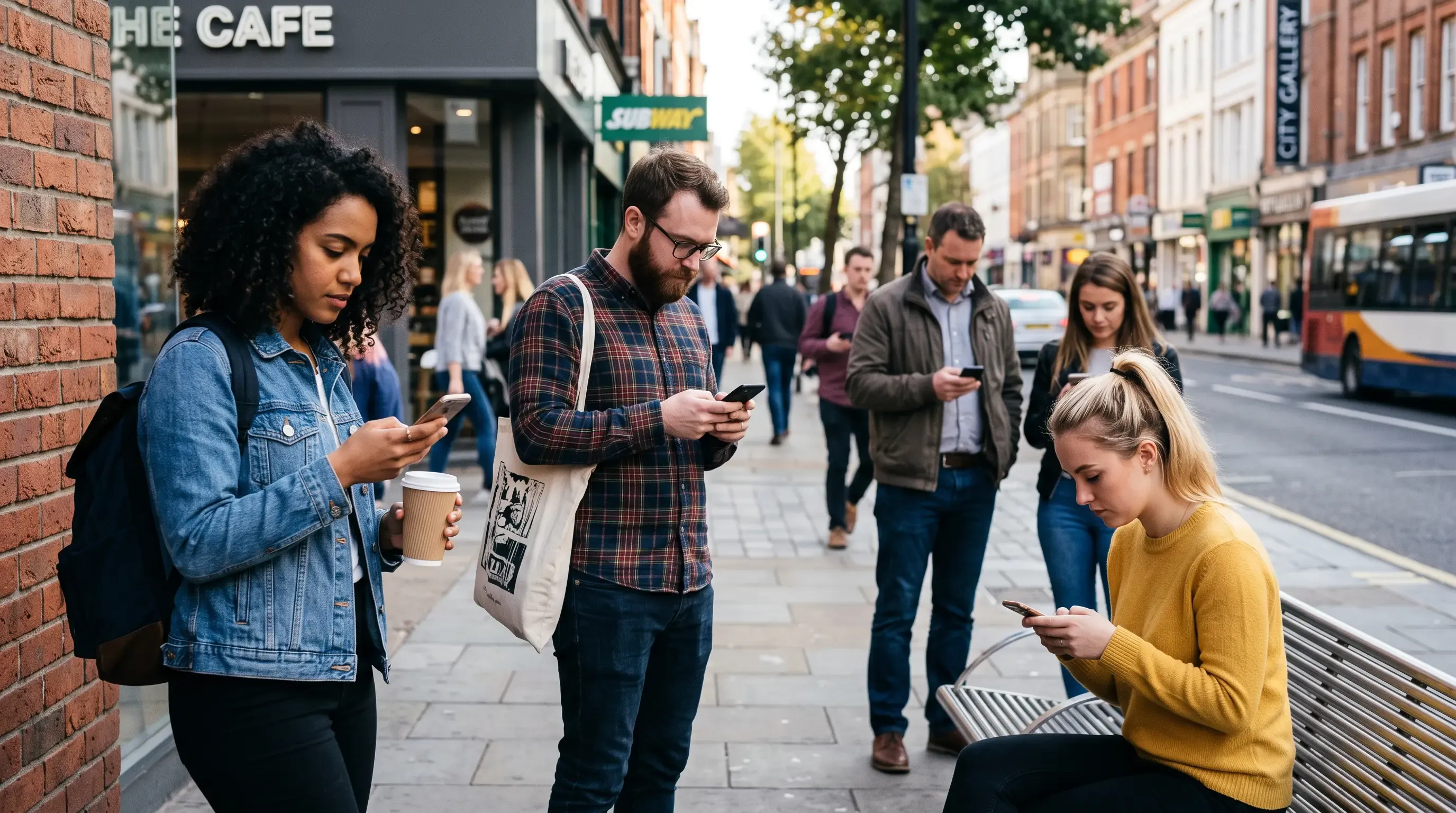 People looking at their phones in the street.