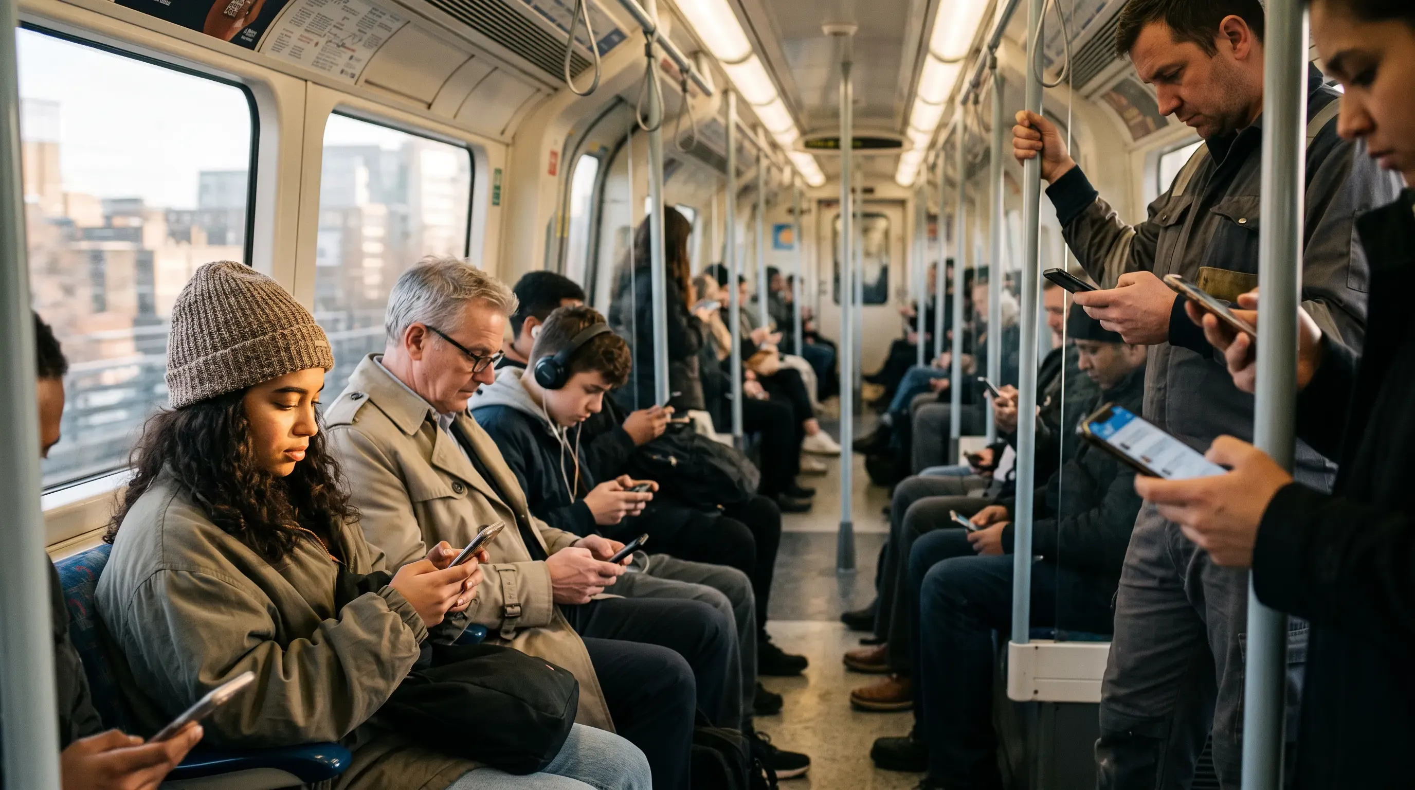 People on the subway looking at their phones.