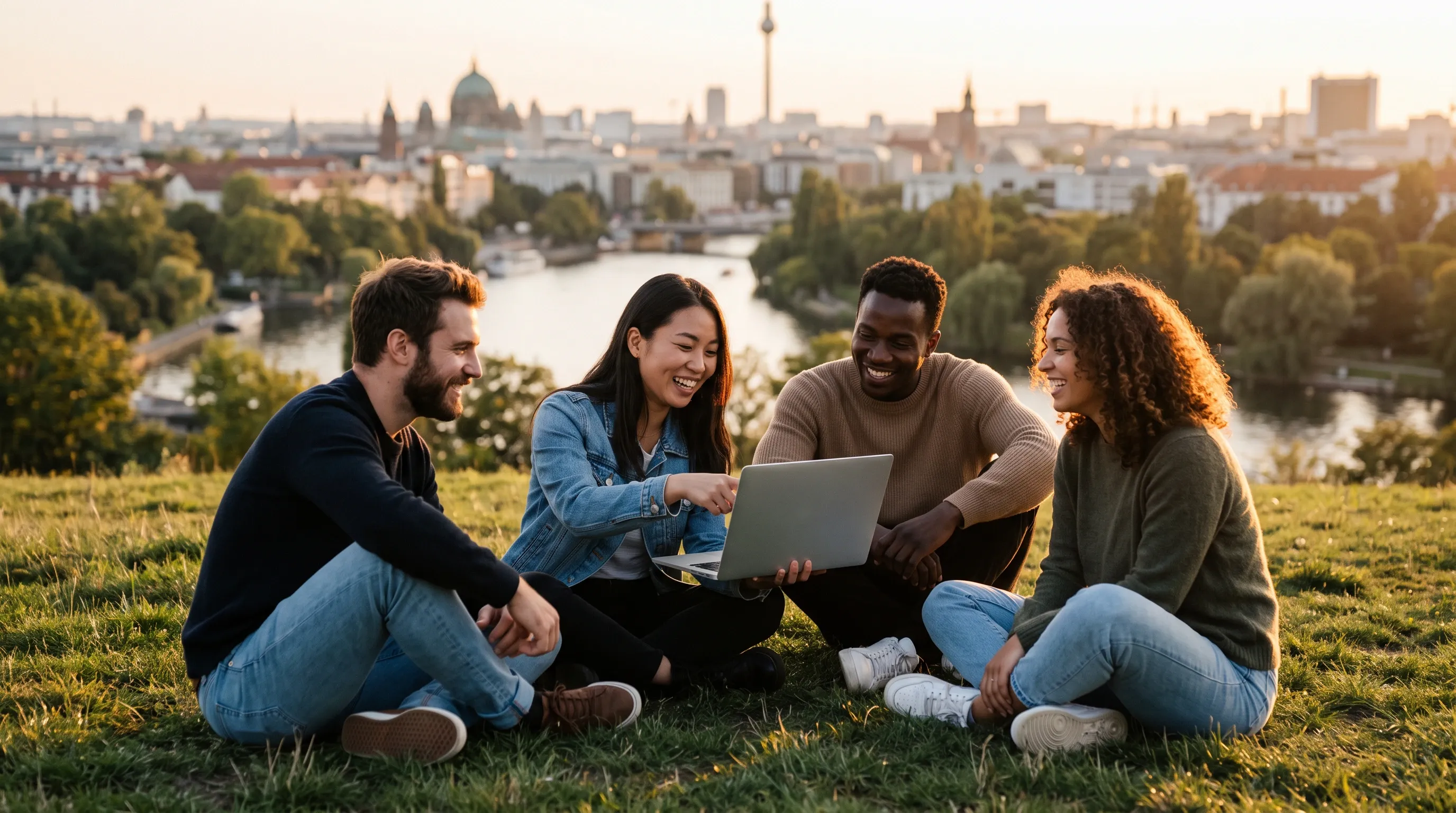 A group of happy people using a laptop in a park