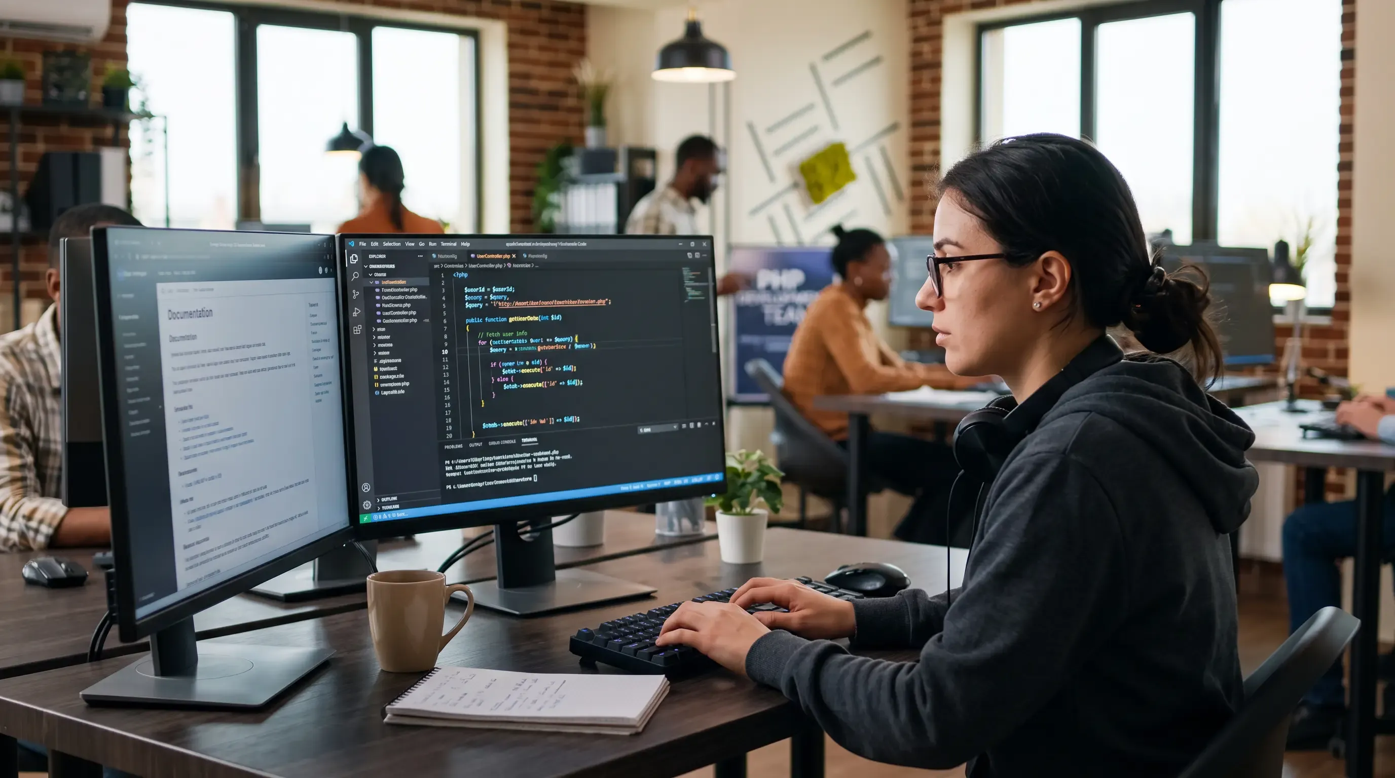 A developer working and looking at her monitors.