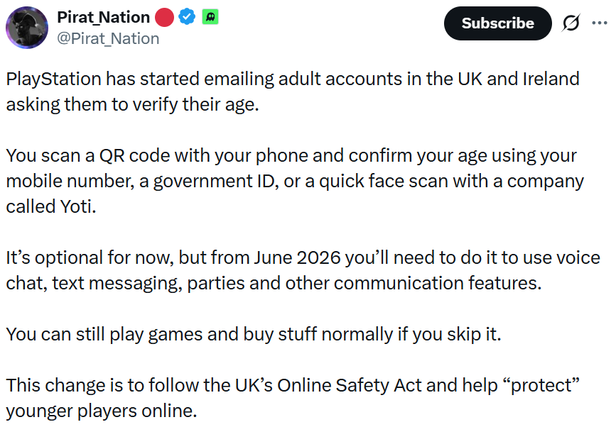 Tweet about users receiving email about Sony Playstation age verification