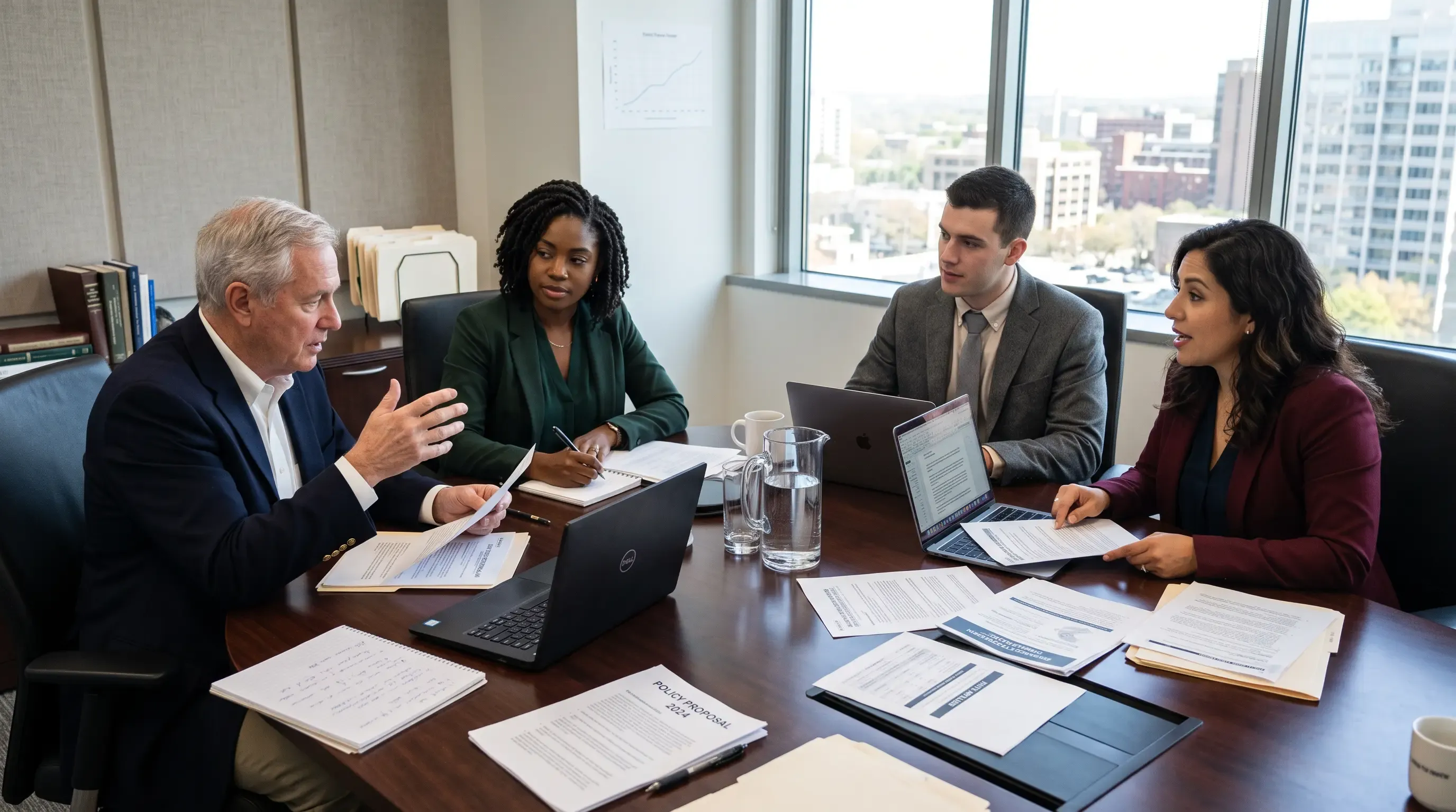 A group of formally dressed professionals talking at a wooden table