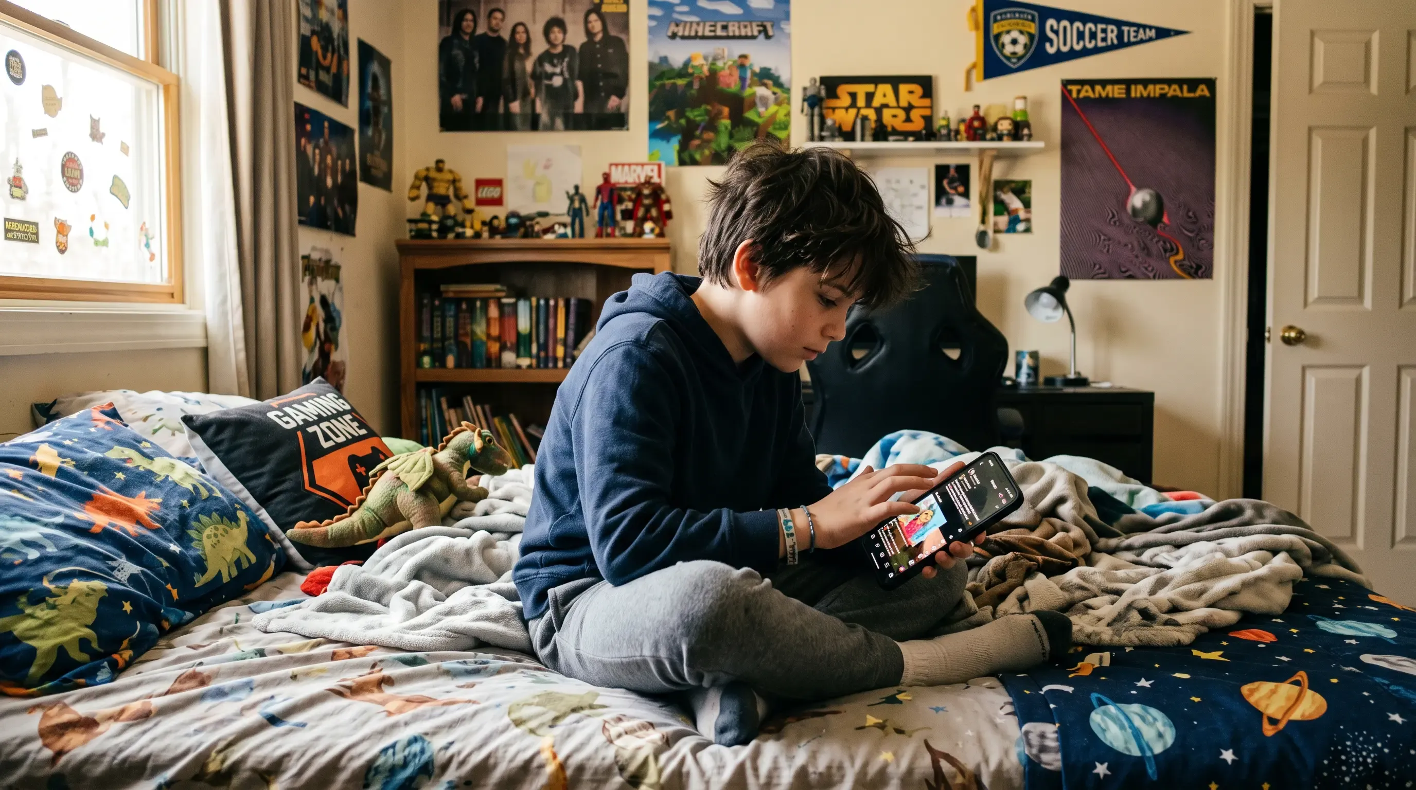A preteen boy uses a phone in his bedroom