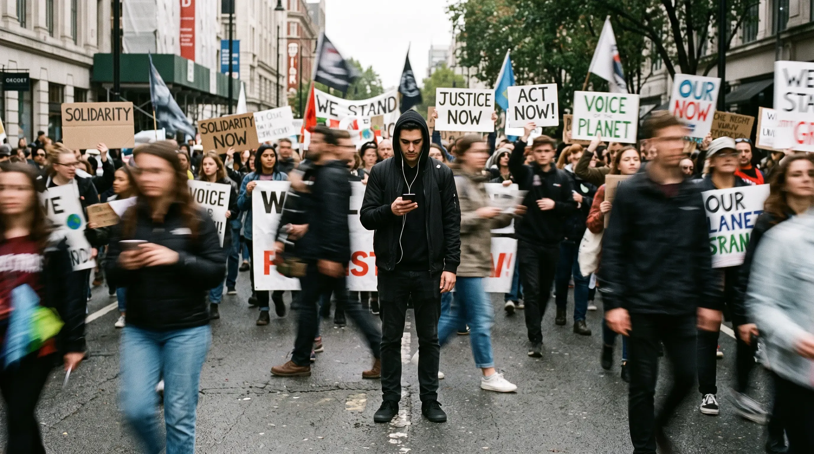 Man standing in a crowd of protesters checks his phone.